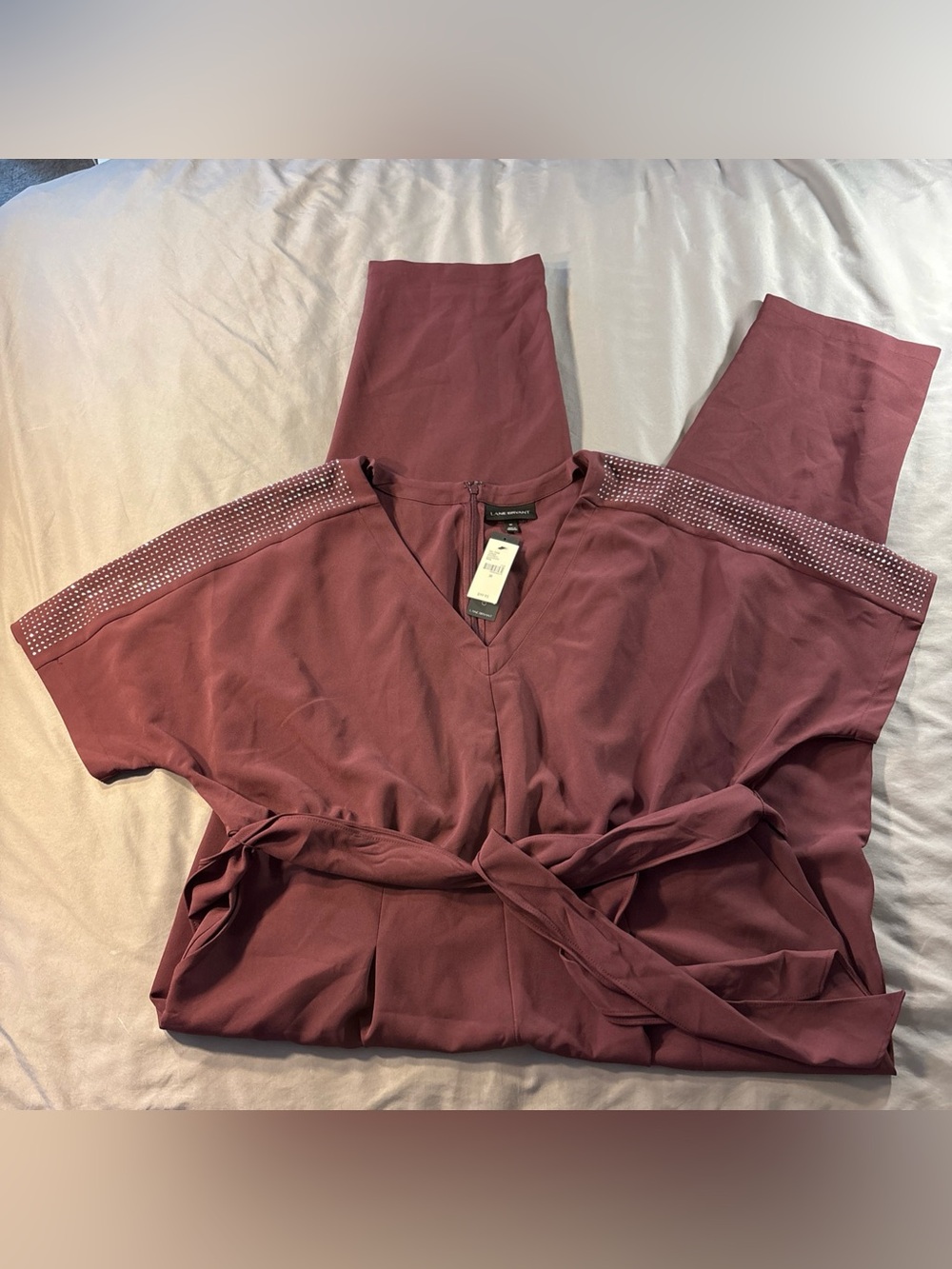 Lane Bryant Short Sleeve Studded V-Neck Waist Tie Jumpsuit Burgundy NWT Size 20